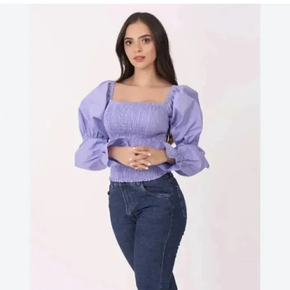 [M]Fiory Denim Crop  Top with Ballon Sleeves - Picture 1 of 7